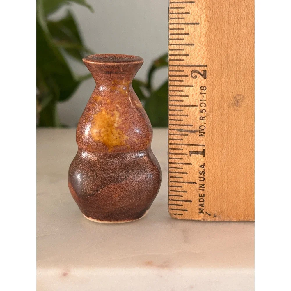 Miniature Ceramic Bud Vase Set of 3 Signed ML Artisan Pottery Teal Bronze Red